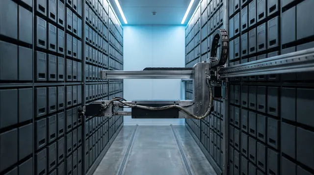 Robotic picker arm inside an automated tape library.