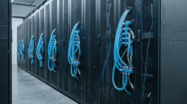Row of liquid-cooled server racks with blue coolant hoses.