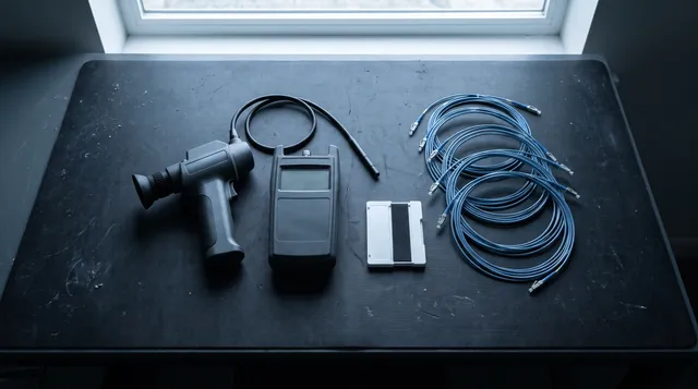 Fibre inspection scope, power meter and patch leads on a workbench.