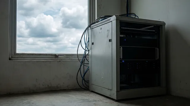 Small server rack in a comms room beside a window with a cloudy sky.